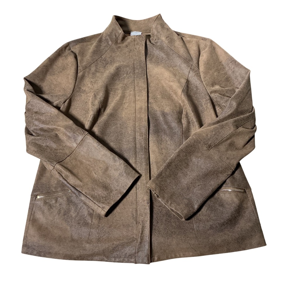 Chico's Faux Suede Jacket Women 2 L Brown Boho Lace Up Cuff Mock Neck Western